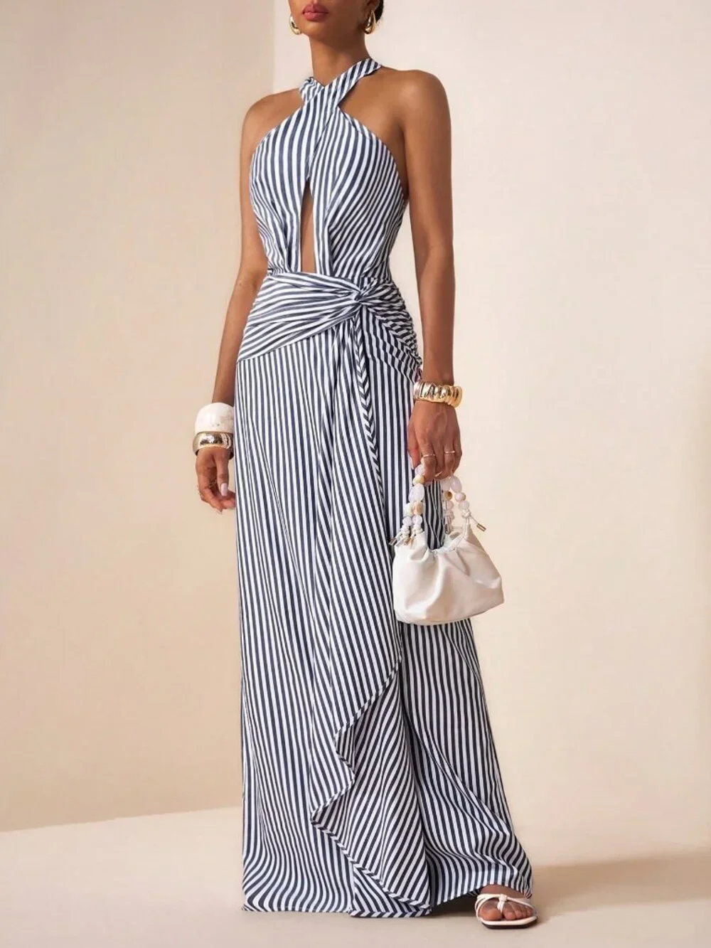Navy Blue Sexy Women's Backless Halter Neck Maxi Dress - Picture 1 of 7
